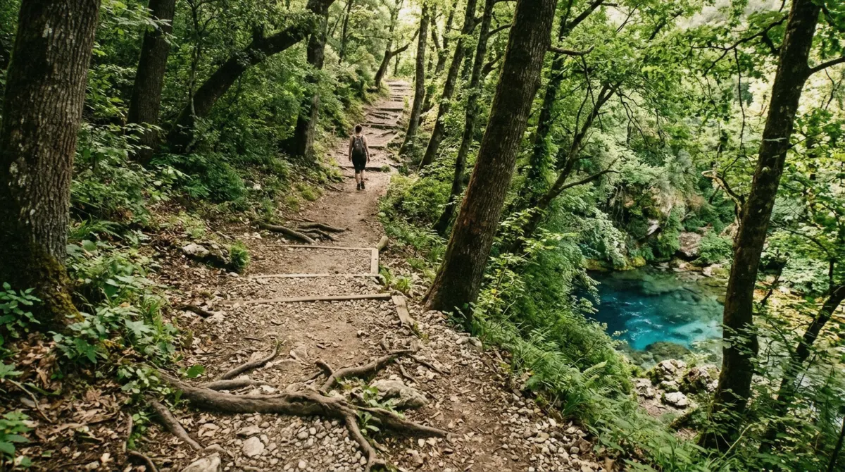 The shaded forest trail beside the asphalt access road on the way to the Blue Eye Albania spring from Saranda