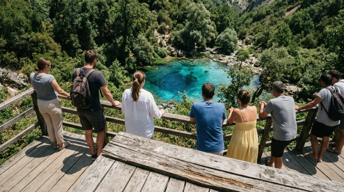 The fenced viewing platform above the spring, as close as you get when you ask can you swim in Blue Eye Albania