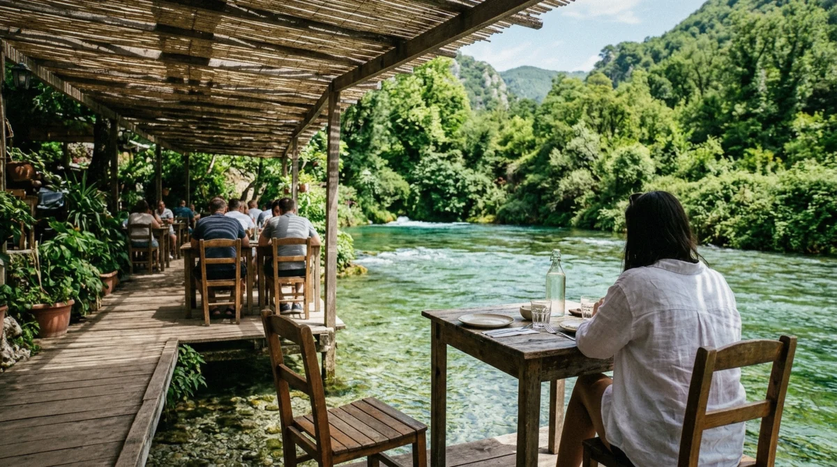 The restaurant terrace beside the river, the stretch where you can swim in Blue Eye Albania's outflow