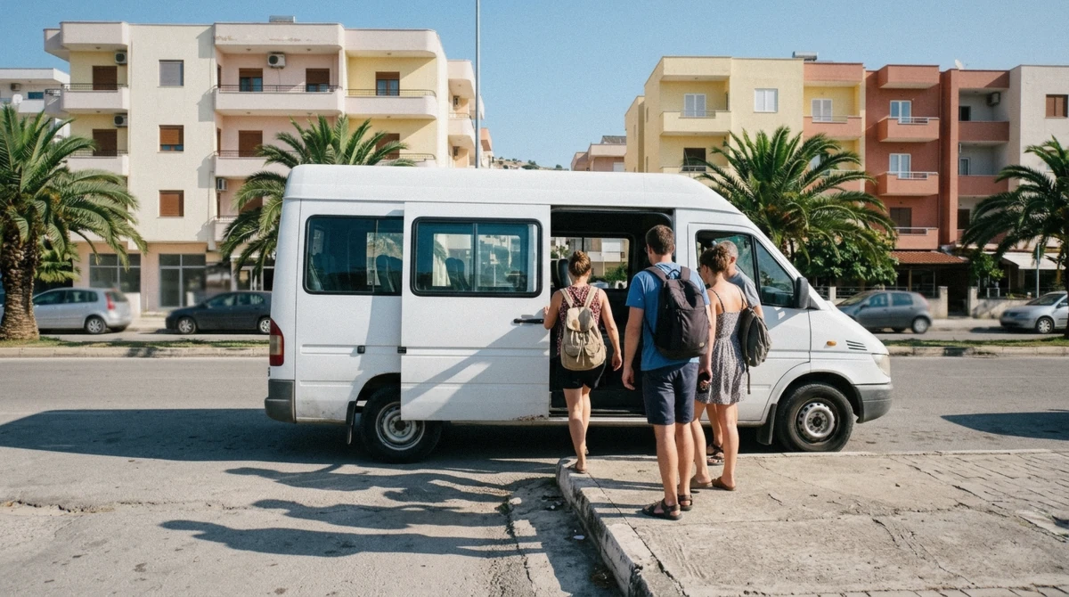 The Blue Eye Shuttle minibus waiting to depart Saranda for the Blue Eye Albania spring, the fastest way to get there without a car